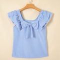 Sky Blue Stripe Square Neck Bow Decor Frilly Ruffled Short Sleeve Blouse - Foto 4