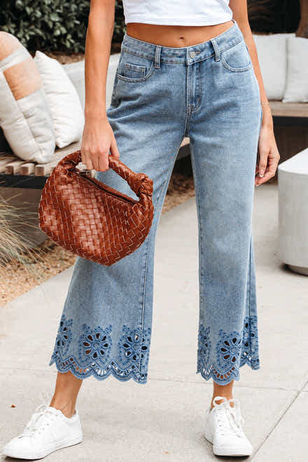 Jeans taille haute brodés à jambes larges brodés de tailles longues bleu crépuscule