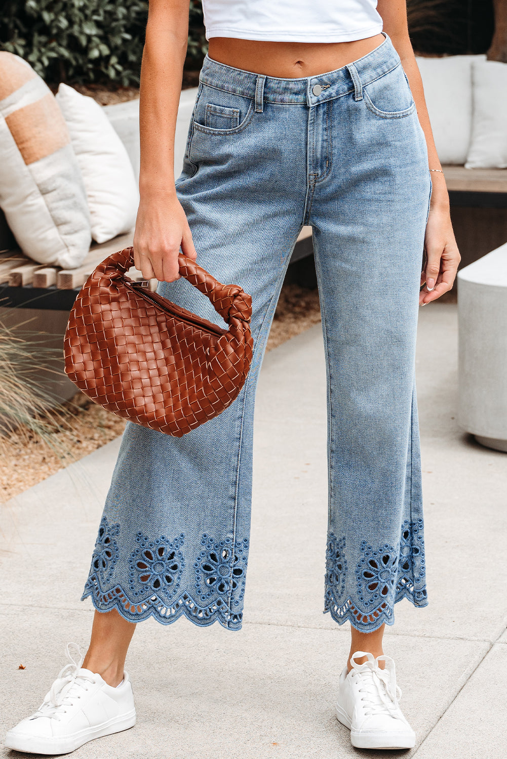 Jeans taille haute brodés à jambes larges brodés de tailles longues bleu crépuscule