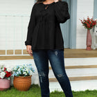 Schwarze, einfarbige Fliege vorne langärmlige Plus-Size-Peplum-Bluse – Damesmode Afbeelding 6 - Thumbnail