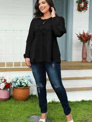 Black Solid Color Bow Tie Front Long Sleeve Plus Size Peplum Blouse - Damesmode Afbeelding 6 - Miniatuur