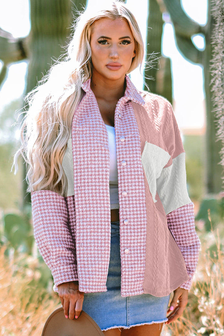 Rosa Color Pata de Gallo Color Textura Contraste Patchwork Suelta Shacket - Damesmode