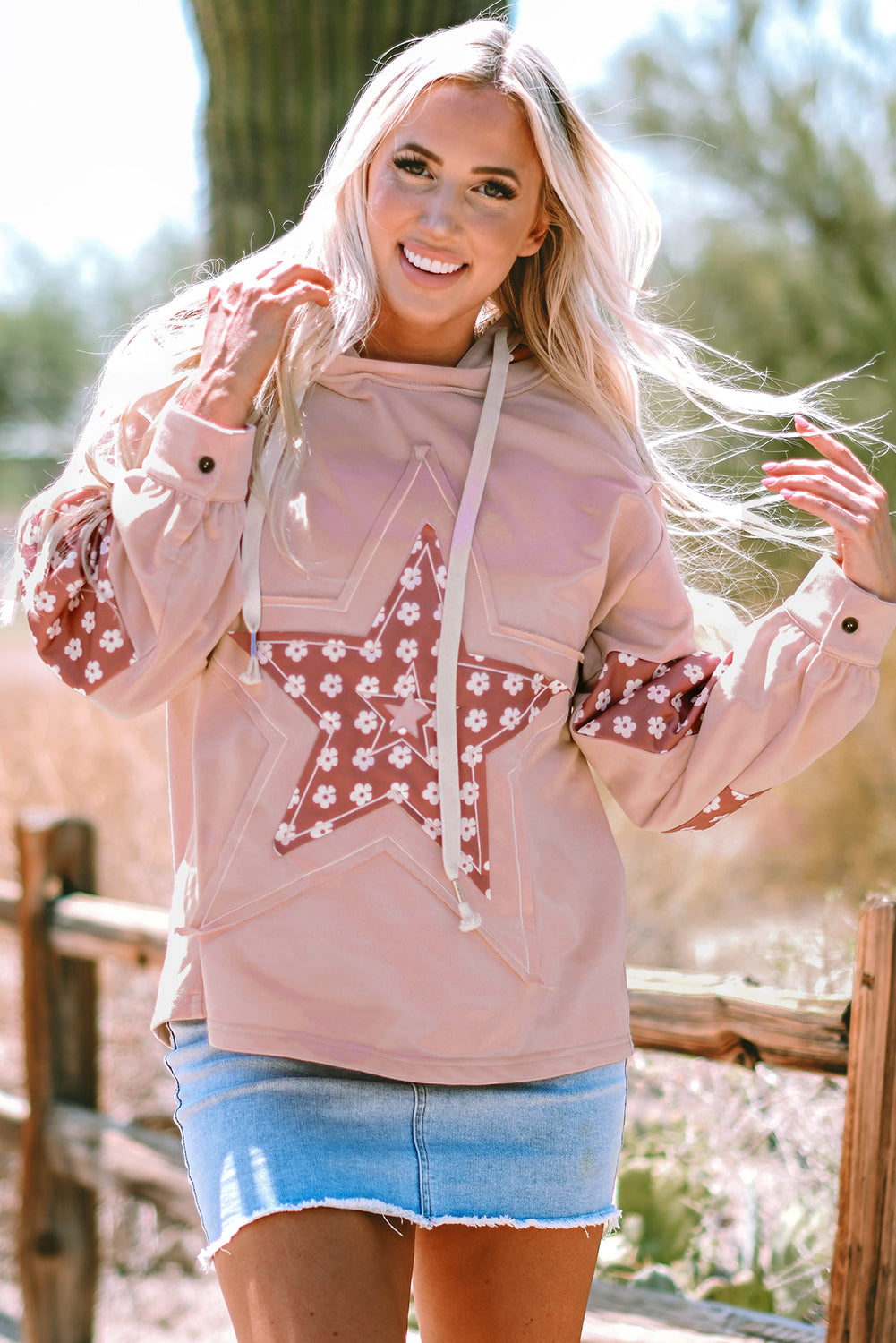 Apricot Floral Patchwork Star Pattern Drawstring Hoodie - Damesmode Afbeelding 7