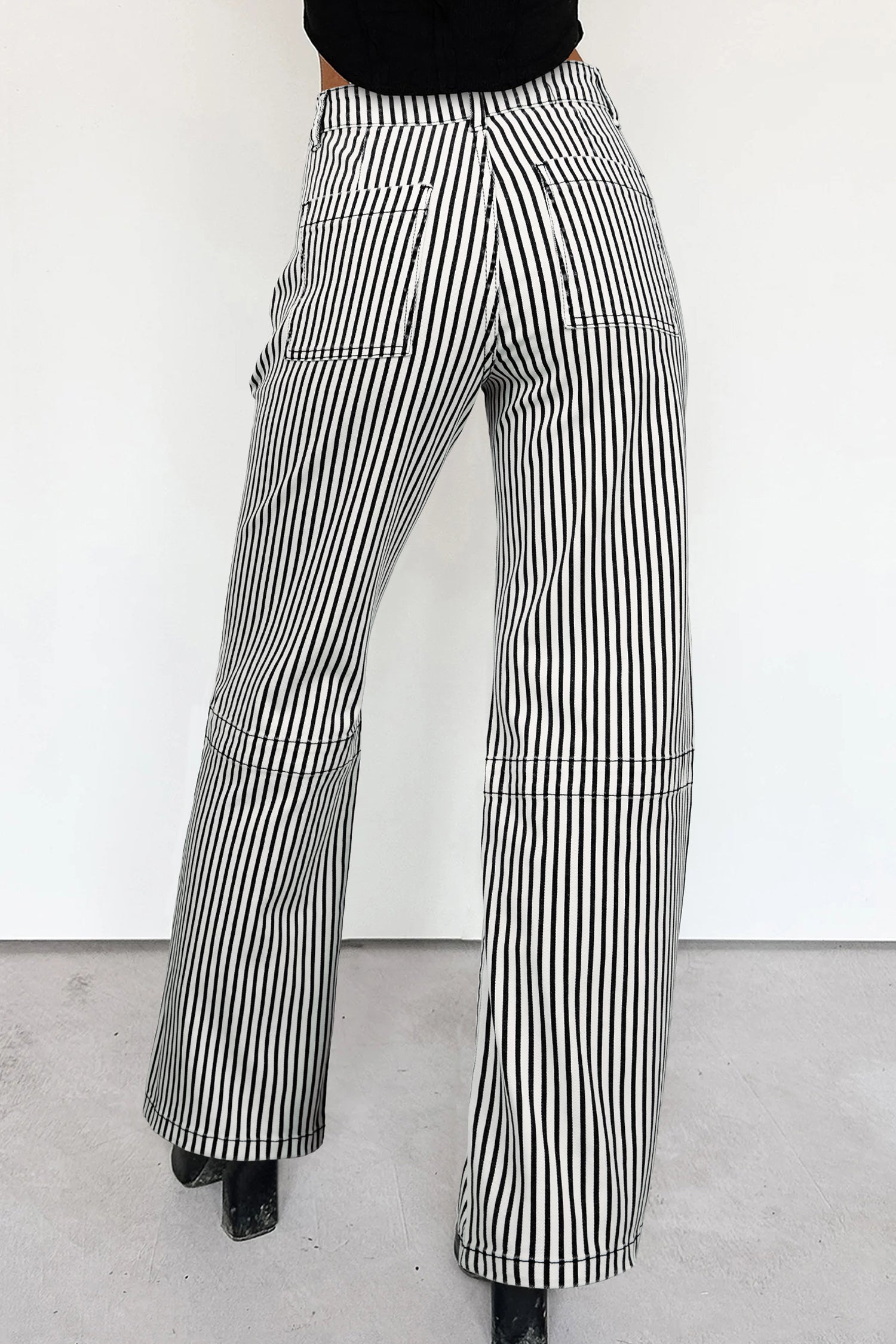 Black Stripe Patch Pocket High Waist Shift Denim Jeans - Damesmode Afbeelding 2