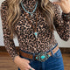 Kaki Luipaardprint Héichhals laang Ärmel Western Slim Top