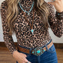 Camiseta slim western de manga larga de cuello alto y leopardo caqui