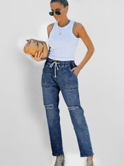 Jogger en jean en denim usé à poches bleu foncé - Miniatuur
