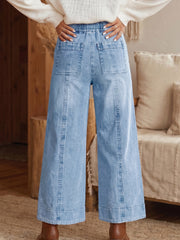 Beau Blue Drawstring Waist Wide Leg Ankle Length Jeans - Damesmode Afbeelding 5 - Miniatuur