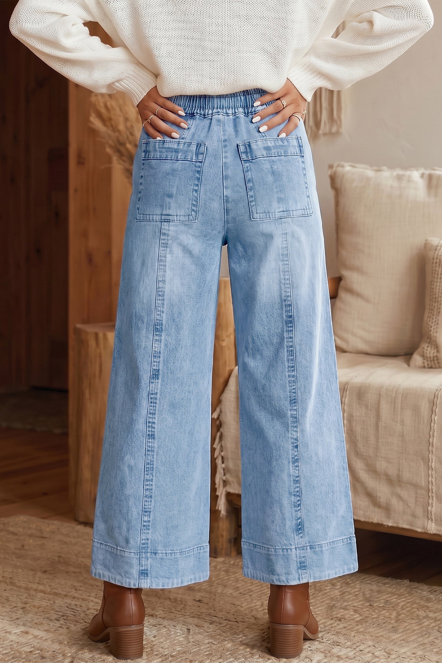 Beau Blue Drawstring Waist Wide Leg Ankle Length Jeans - Damesmode Afbeelding 5