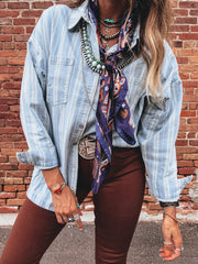 Tasca sul petto a righe azzurro cielo Boyfriend Classic Denim Shacket - Miniatuur