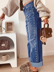 Vaqueros casuales holgados de pierna recta con detalles negros - Imagen de moda femenina 5 - Miniatuur