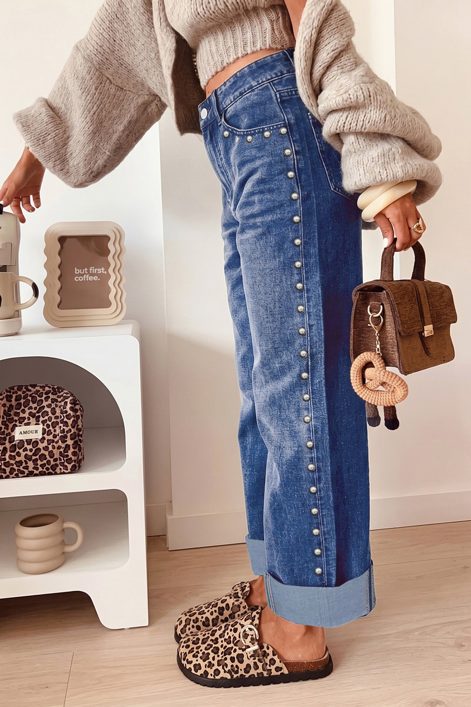 Black Studded Detail Straight Leg Casual Loose Jeans - Women's Fashion Image 5