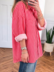Chemise boutonnée rayée rouge Manches longues à poches patch Chemise décontractée - Miniatuur