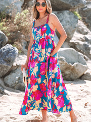 Dark Blue Floral High Waist Sleeveless Flared Long Dress - Miniatuur