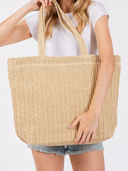 Sac fourre-tout d’été tissé en paille de couleur unie Camel - Miniatuur