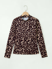Camiseta slim western de manga larga de cuello alto y leopardo caqui - Miniatuur