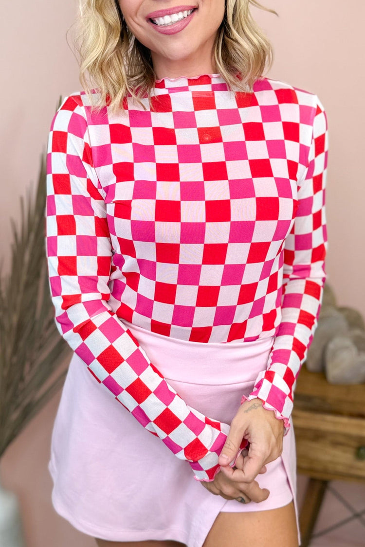Rose Plaid Mesh Transparentes Langärmeloberteil - Damesmode
