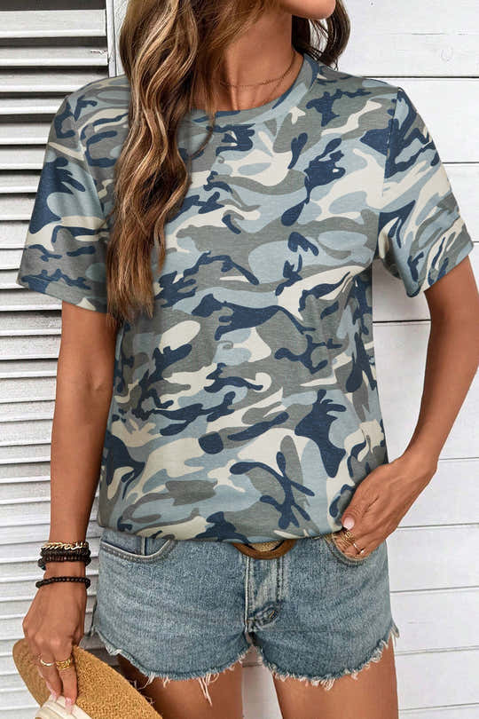 Grünes Tarnmuster-T-Shirt mit Crew-Neck