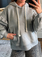 Gray Contrast Rope Drawstring Ruffle Trim Drop Shoulder Baggy Hoodie - Miniatuur