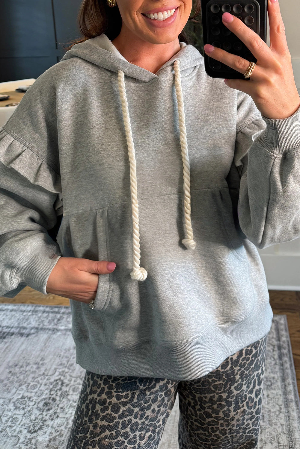 Grauer Contrast Seil-Kordelzug-Rüschen-Trim Herunterhängen-Baggy-Hoodie