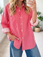 Chemise boutonnée rayée rouge Manches longues à poches patch Chemise décontractée - Miniatuur