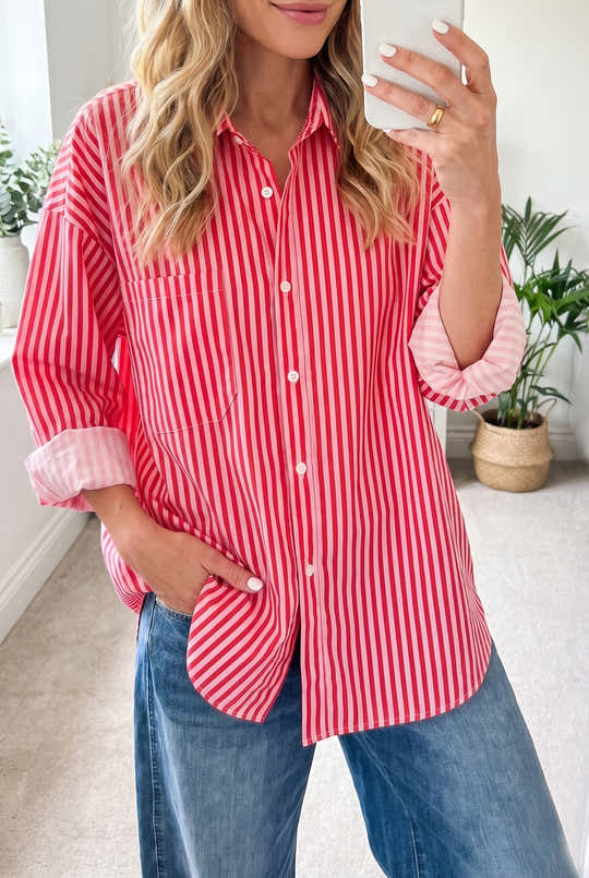 Chemise boutonnée rayée rouge Manches longues à poches patch Chemise décontractée