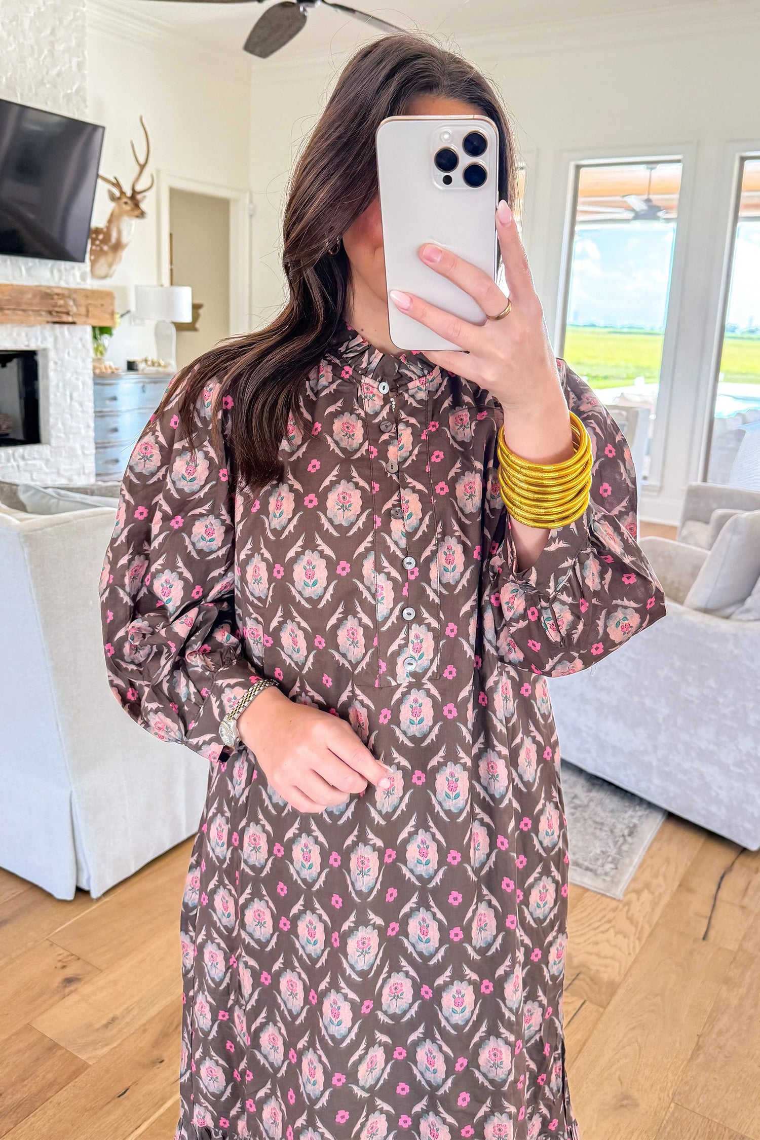 Brown Floral Print Button Front Ruffle Hem Midi Dress - Damesmode Afbeelding 5