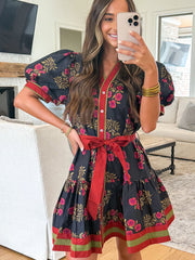 Black Retro Floral Print Button Down Belted Short Puff Sleeve Mini Dress - Damesmode Afbeelding 3 - Miniatuur