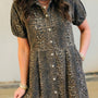 Graues Leopardenmuster-Shortsleeve-Plissierten-Denim-Minikleid