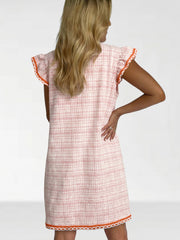 Weißes Jacquard-strukturiertes Kontrast-Trim-Kurzärmel-Quasten-Krawatten-Shift-Kleid - Miniatuur
