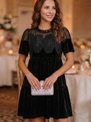Black Embroidered Velvet Short Sleeve Mini Shift Dress - Damesmode Afbeelding 4 - Miniatuur