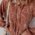 Brown Floral Twisted Rib Drawstring Kangaroo Pocket Hoodie - Damesmode Afbeelding 3 - Foto 3