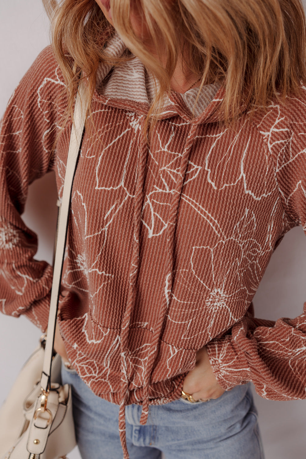 Brown Floral Twisted Rib Drawstring Kangaroo Pocket Hoodie - Damesmode Afbeelding 3