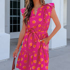 Rose Double Polka Dot V Neck Ruffled Short Sleeve Dress - Thumbnail