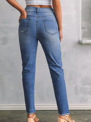 Sky Blue Double Button Raw Hem Slim Fit Jeans - Miniatuur