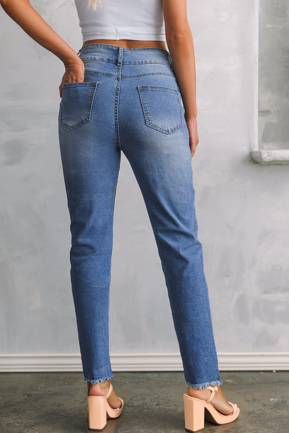 Himmelblå dobbeltknappede Rå Kant Slim Fit Jeans