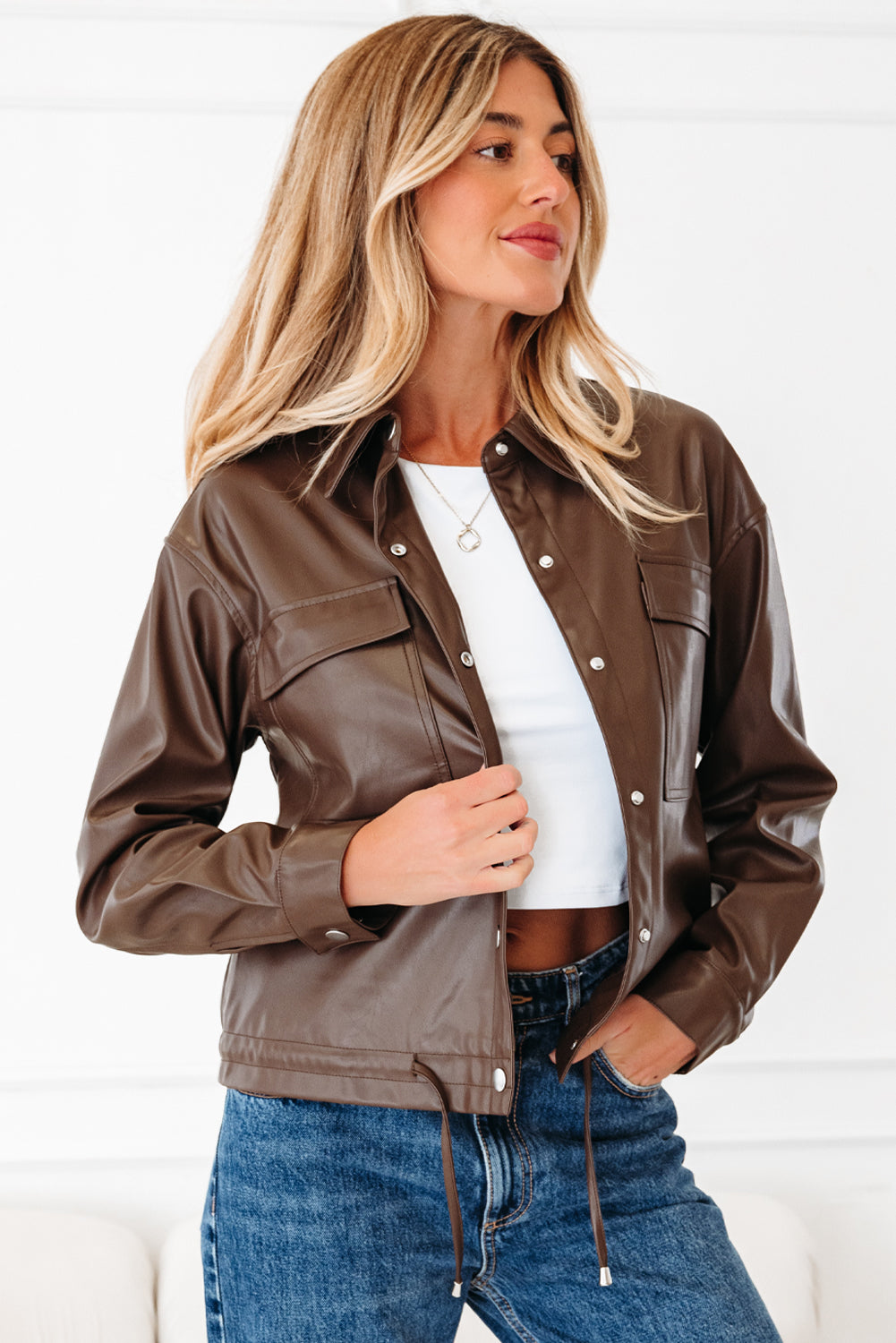 Chicory Coffee Doppel-Flap-Taschen-Kordel-Saum Lederjacke