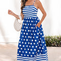 Blue Striped Polka Dot Patchwork High Waist Spaghetti Straps Maxi Dress - Damesmode Afbeelding 3 - Foto 3