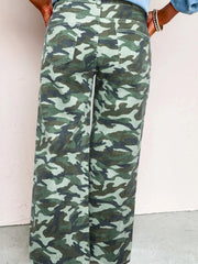 Green Camouflage Print Wide Leg Drawstring Denim Pants - Miniatuur