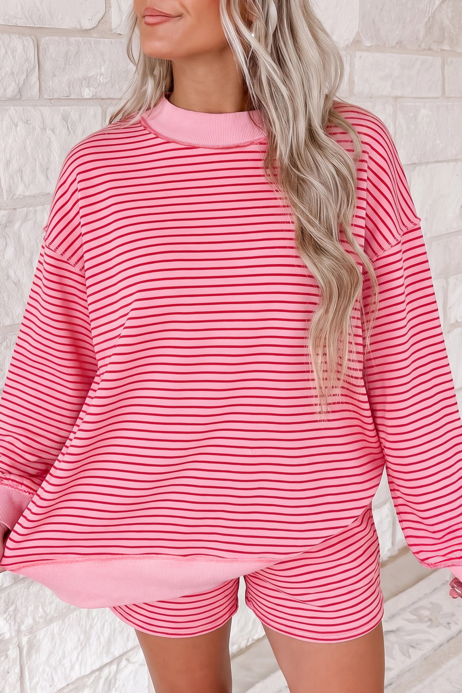 Blauw Stripe Rippen-Patchwork-Mock-Neck-Pullover-Pullover-Matching Shorts-Set