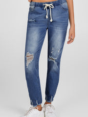 Dark Blue Elastic Waist Straight Leg Destroyed Raw Hem Jeans - Miniatuur