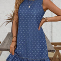 Blue Polka Dot Ruffle Hem Sleeveless Denim Mini Dress - Damesmode Afbeelding 4 - Foto 4