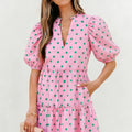 Pink Polka Dot Print V Neck Short Sleeve Tiered Mini Dress - Foto 3