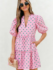 Pink Polka Dot Print V Neck Short Sleeve Tiered Mini Dress - Miniatuur