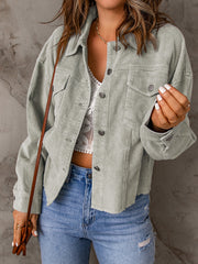 Sky Blue Raw Hem Flap Pockets Cropped Corduroy Jacket - Miniatuur