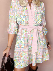 Pink Boho Floral Print Color Block Trim Half Button Belted Mini Dress - Miniatuur