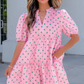 Pink Polka Dot Print V Neck Short Sleeve Tiered Mini Dress - Foto 6