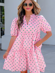Pink Polka Dot Print V Neck Short Sleeve Tiered Mini Dress - Miniatuur