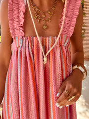 Pink Stripe Ruffled Straps Ribbon Knot Flowy Vacation Maxi Dress - Miniatuur