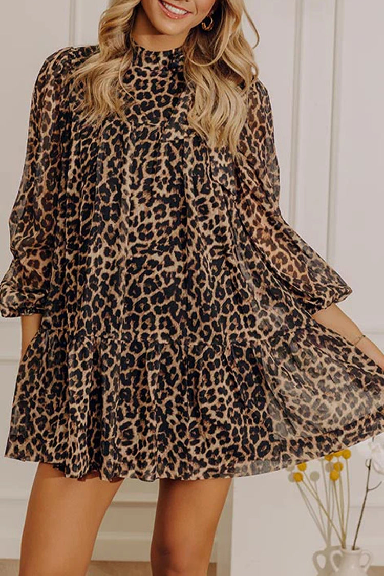 Brown Leopard Print Long Sleeve Short Shift Dress - Damesmode Afbeelding 1 - Damesmode